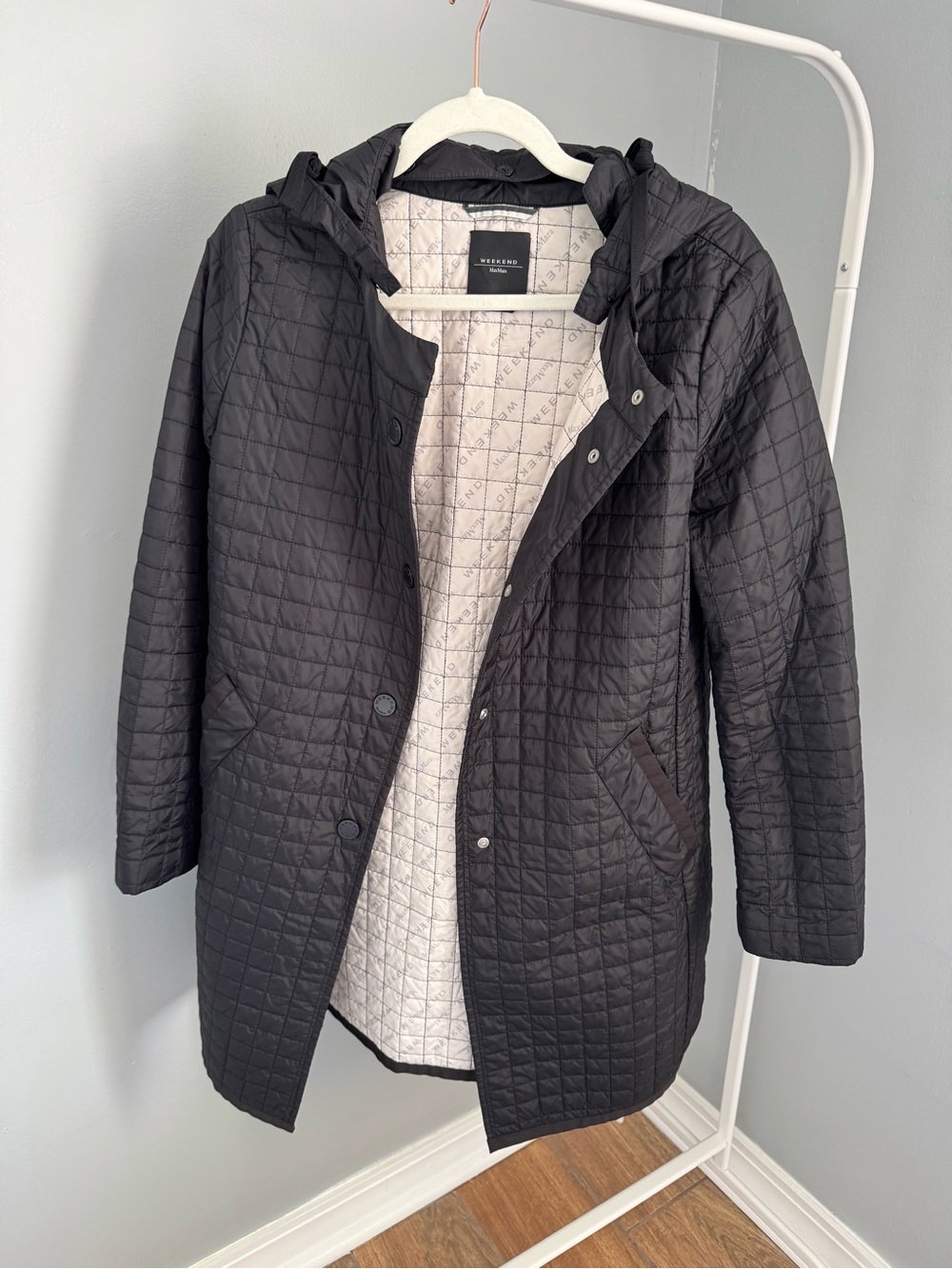 MaxMara Weekend Quilted Coat in Black and Light Gray Lining